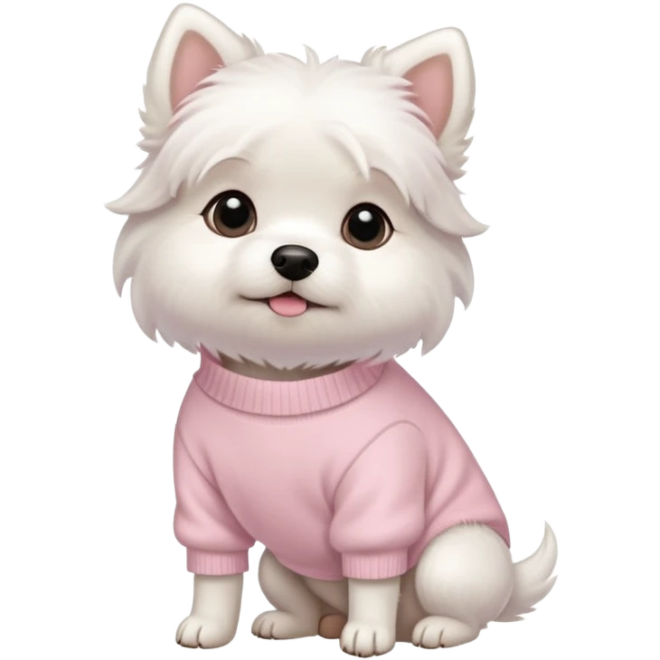 Cute little white dog wearing powder pink sweater, cute, side view emoji