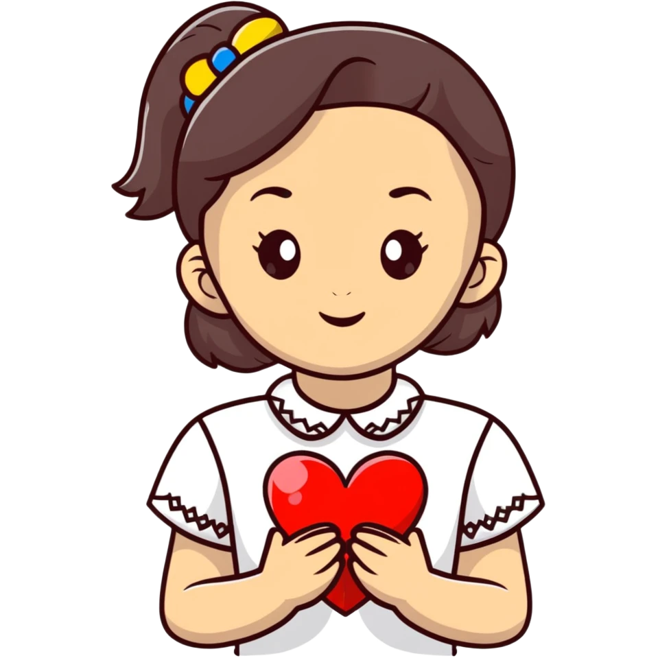 beautiful young girl wearing a white Ukrainian embroidered shirt with a big heart emoji