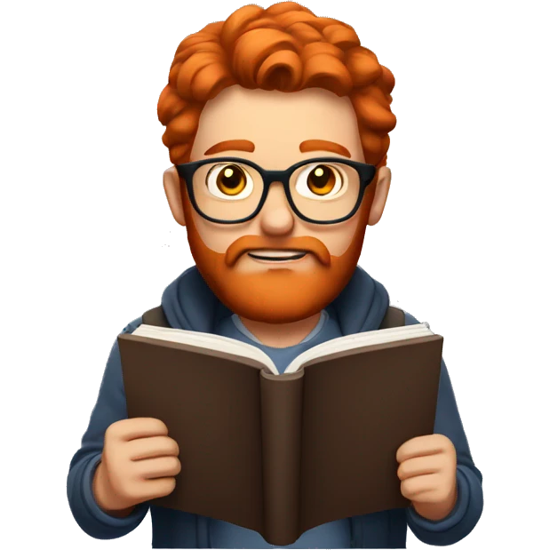 A man with red hair and a red beard with glasses reading a book emoji