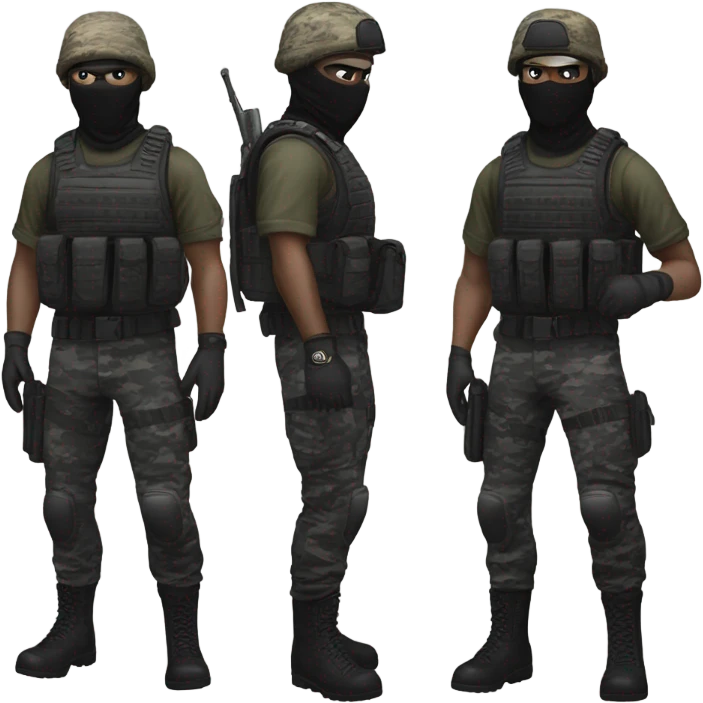 White male, call of duty black mask, tactical gear, camo pants, combat boots, black beanie, blue eyes emoji