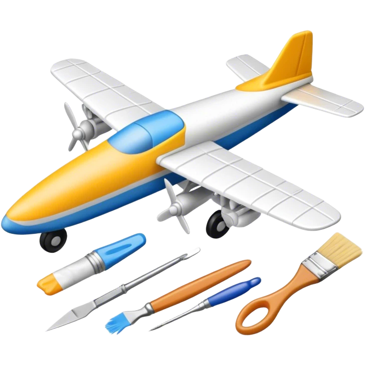 photorealistic icon featuring model-building tools like glue, paint, paintbrushes, pieces of a plastic model airplane in the process of being assembled. The design includes detailed textures of the model pieces and tools, capturing the focus and creativity of model building. Transparent background. emoji