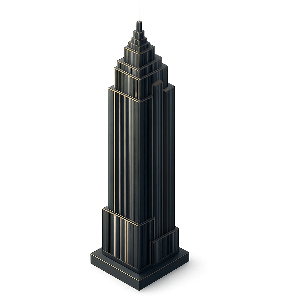 a skyscraper in 3D black style but without using black color, focus on metallic and reflective surfaces, realistic lighting, and depth emoji
