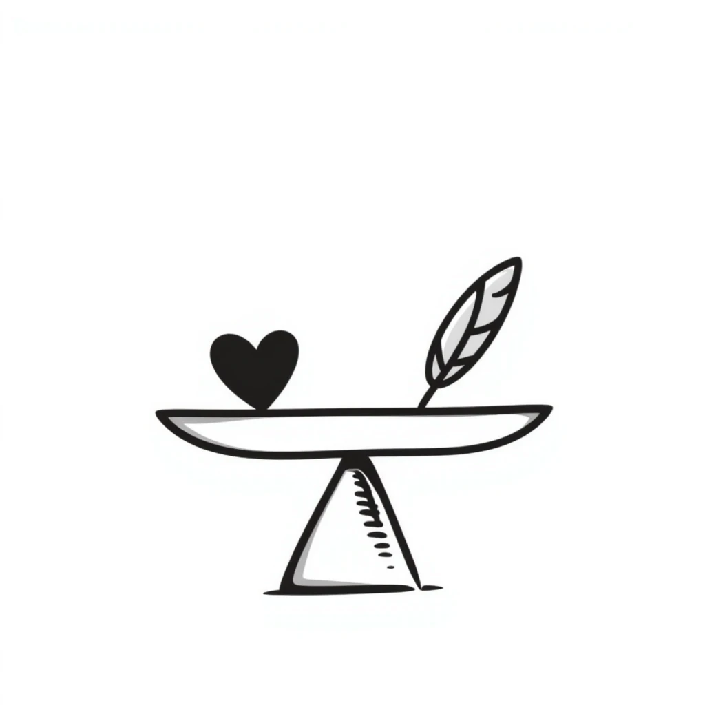A simple scale balancing a feather and a heart, representing emotional balance and lightness. Hand-drawn doodle style. emoji