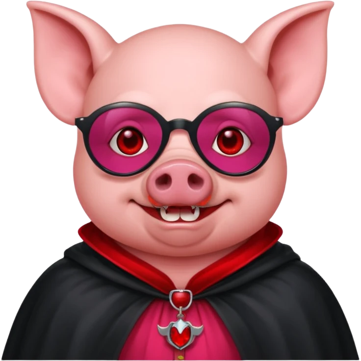 Vampire animal, pig in red collar cloak, red eye, fangs, sunclasses emoji