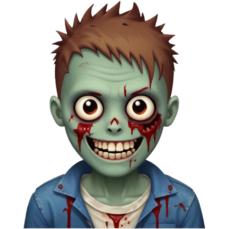 zombie boy with brown short spiky hair, white skin, and white eyes; an open smile, and bloodied teeth; emoji