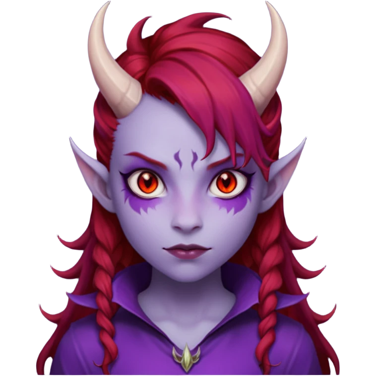 Demon Girl Purple Skin Dragon Horns Black Eyes Red Glowing Pupils Auburn Haired Red Shirt  emoji