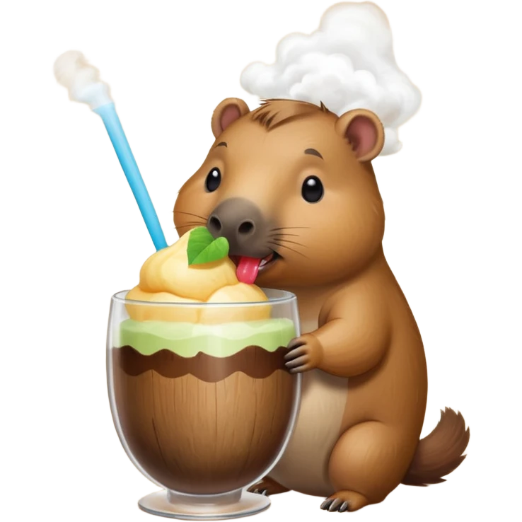 A capybara drinking from a sorbet that is inside a wooden glass and smoke comes out emoji