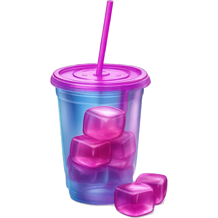 Realistic plastic cup and lid with Transluscent magenta soda and large ice cubes inside and one straw through the top of the lid. emoji