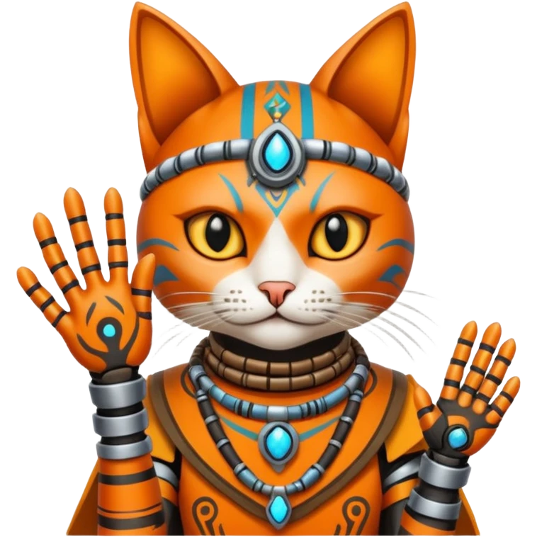 cat, wear tribal shaman cloth, hand cyberborg emoji