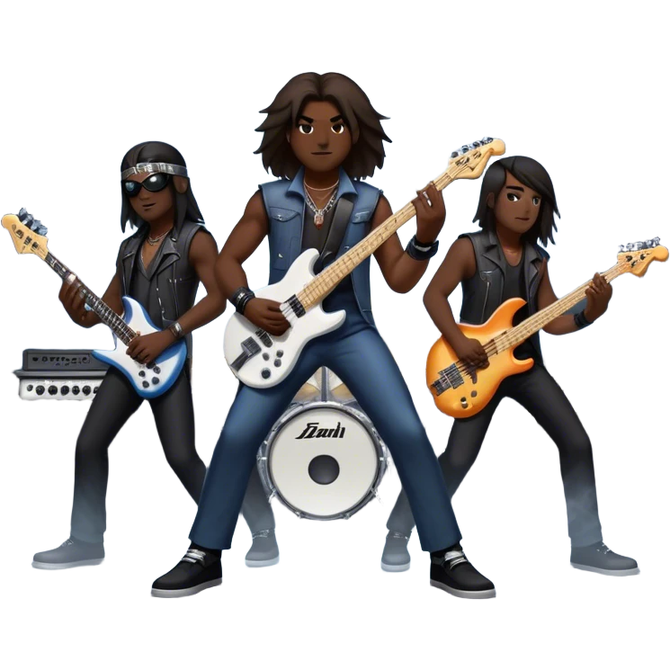 Icon for Metal Music: metal band on stage with 4 musicians playing electric guitars, bass, and drums. The atmosphere is intense, with flashing lights, smoke, and energetic stage presence. The vibe is powerful and electric. Transparent background. emoji