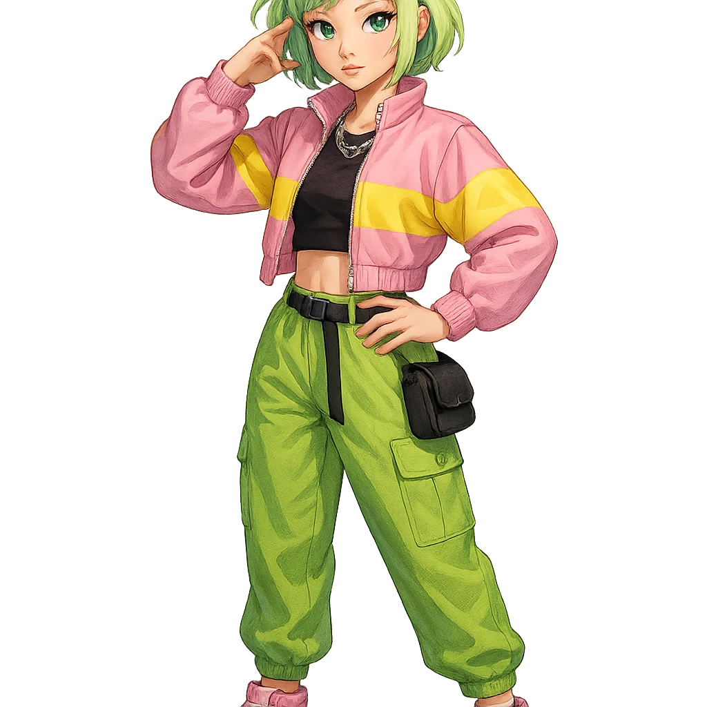 Fluttershy reimagined as a human K-pop idol with short pastel green hair, streetwear-inspired trendy outfit, confident pose, transparent background emoji