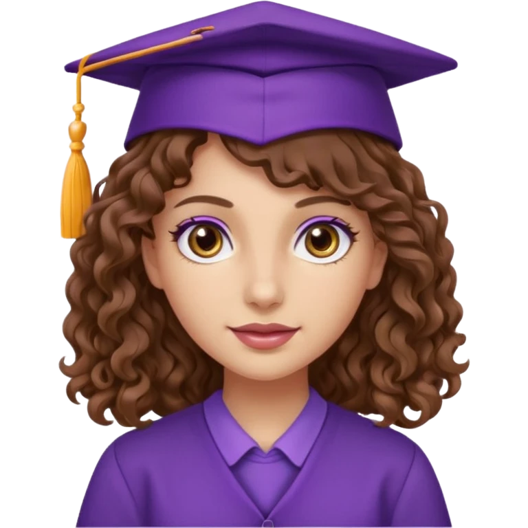 beautiful  woman normal skin with more wavy curly more longuer brown hair and hazel eyes with purple school hat emoji
