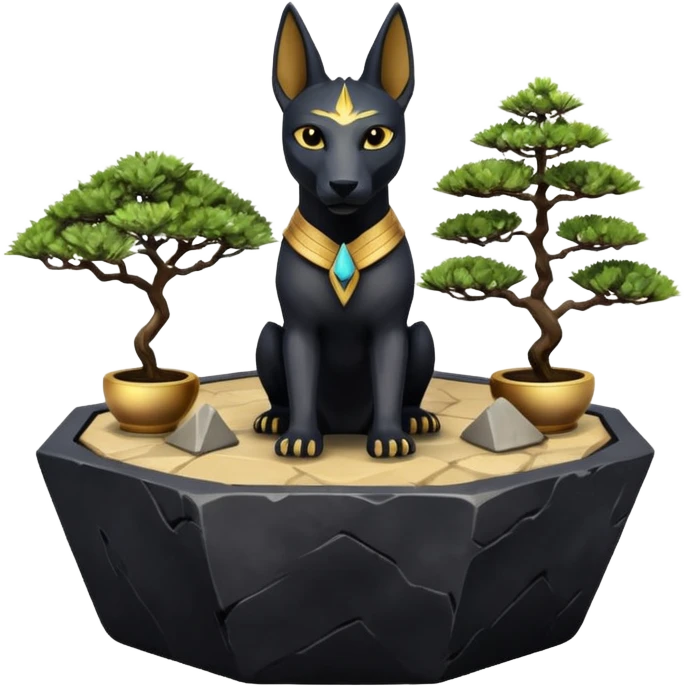 Therapeutic silky black fur tiny statuette young Anubis pyramid scene stone-age cracked irregular dodecagon bonsai pot  emoji