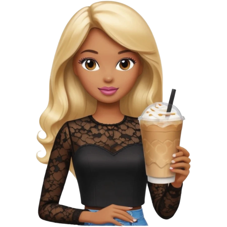 brown skin blonde barbie wearing black lace shirt with iced latte emoji