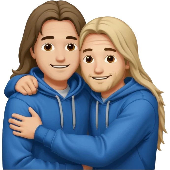 two happy men with long hair hugging, in hoodies emoji
