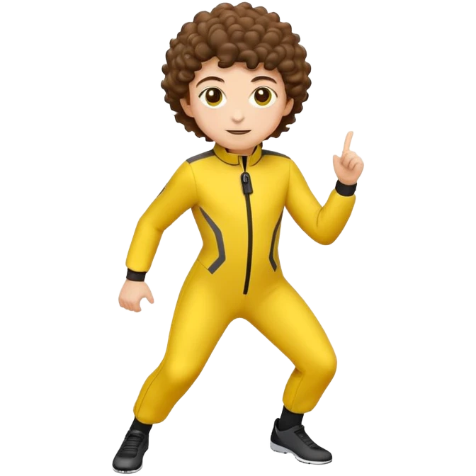 Create a high-quality emoji-style illustration of Alex from Totally Spies. She should have short curly brown hair, a bright yellow spy suit, and an energetic, sporty expression. The style should be minimalistic and cartoonish, resembling classic emoji designs emoji