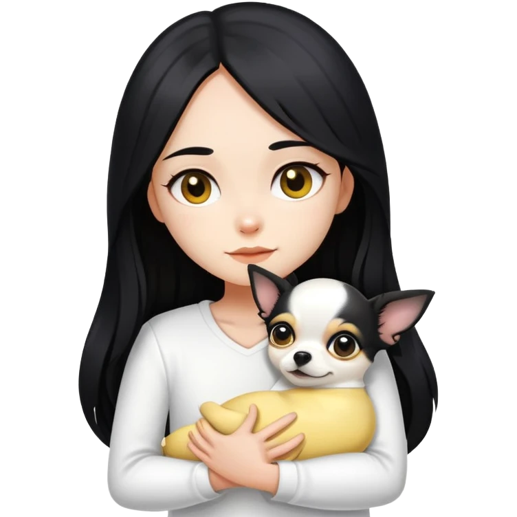 Fair skin girl - long black hair - white clothes - hugging a black, yellow and white Chihuahua emoji