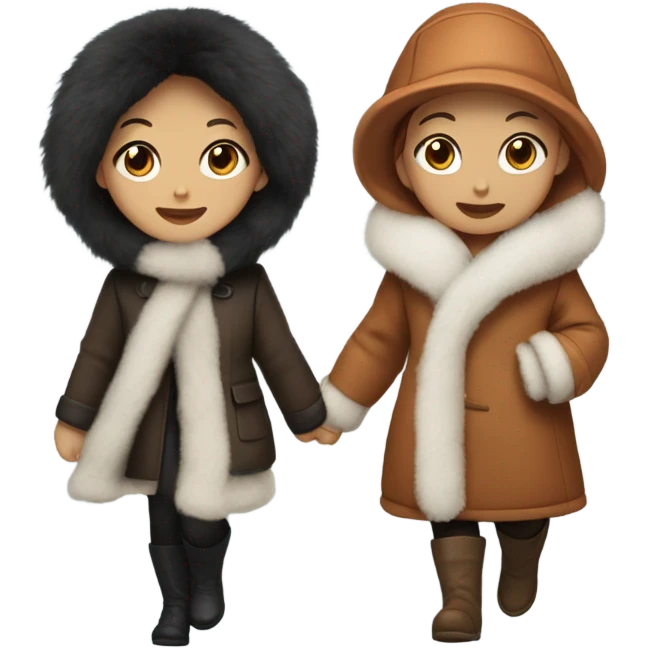 Two girls in fur winter coats walking one with black hair white skin and the other with copper hair and white skin walking emoji