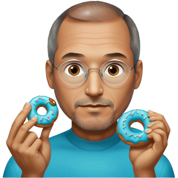 Steve jobs is eating a fully glass colored doughnut. the Doughnut is colored cyan and steve jobs is holding it by his hands, going to eat emoji
