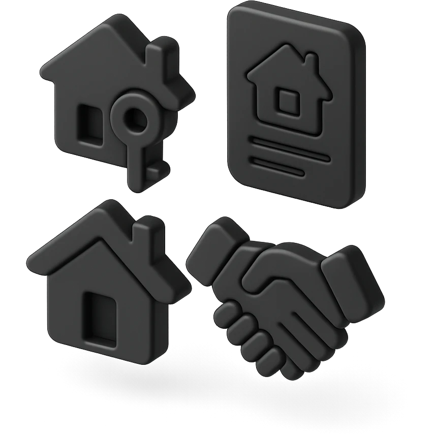 an icon representing mortgage services, including a house with a key, a document with a house symbol, and a handshake over a house, 3D black style emoji