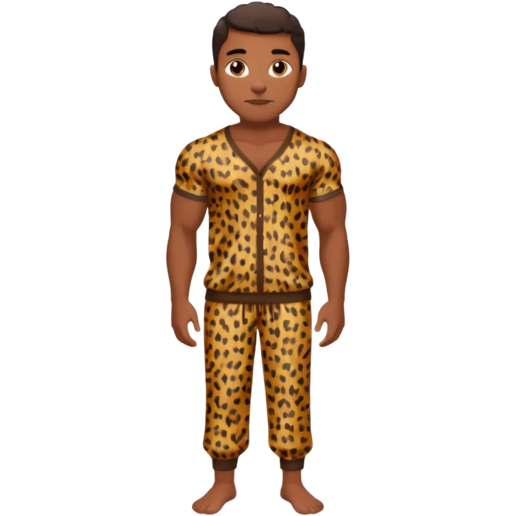 Handsome Black guy with brown skin tone, with muscular build, wearing loose fitting leopard print pajamas and white slippers  emoji