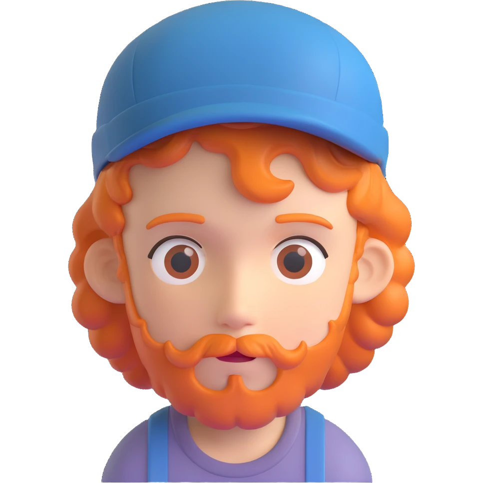 A boy with a backward cap, curly orange hair, and a goatee emoji