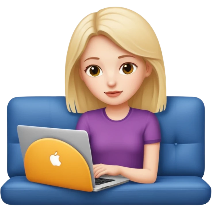 A white girl is lying on a sofa with a laptop emoji