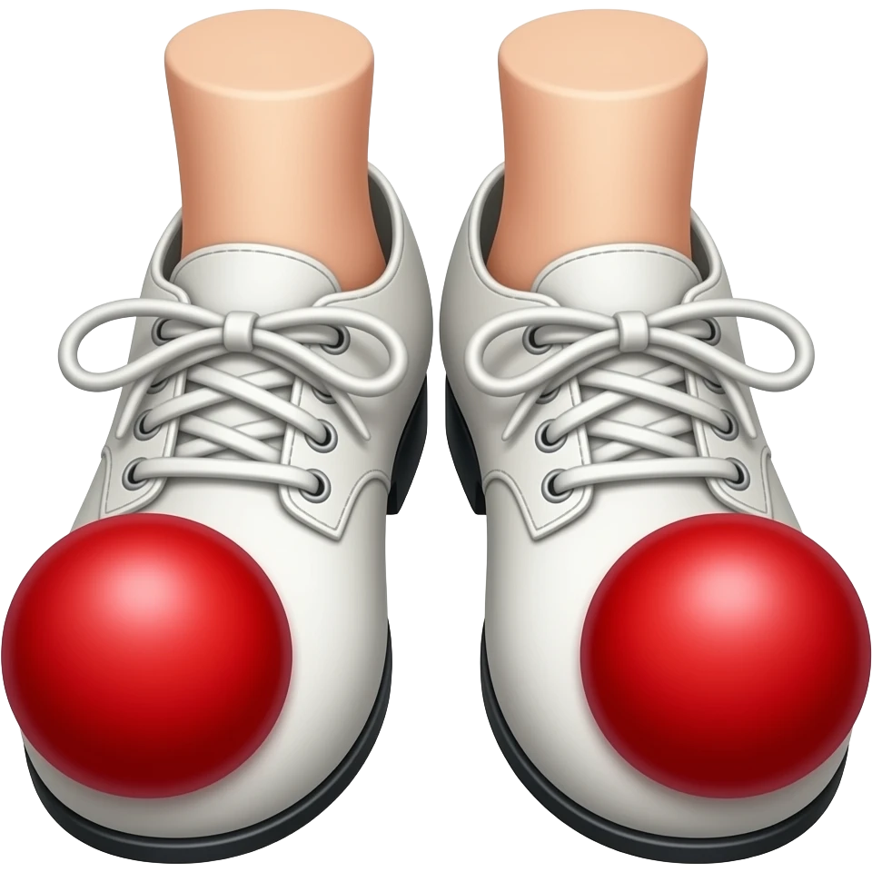 White toes with red toenails stick out of tip front of clown shoes emoji
