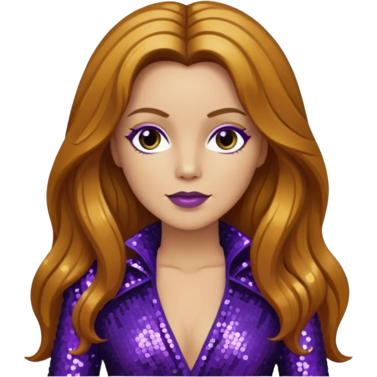 Lee Purcell with long golden brown hair, dark purple sequin outfit emoji