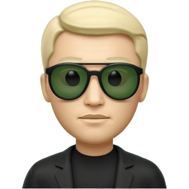 3D memoji-style emoji like Apple Memoji, male character wearing black sunglasses, smooth rounded face, minimalist design, inspired by The Matrix movie, subtle green matrix glow, dark background, cinematic lighting, high quality. emoji