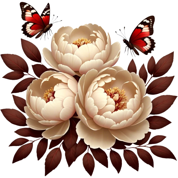 Soft beige peonies bloom among deep brown-red leaves, while delicate brown butterflies flutter nearby. Warm sunlight casts a vintage glow over the scene. emoji