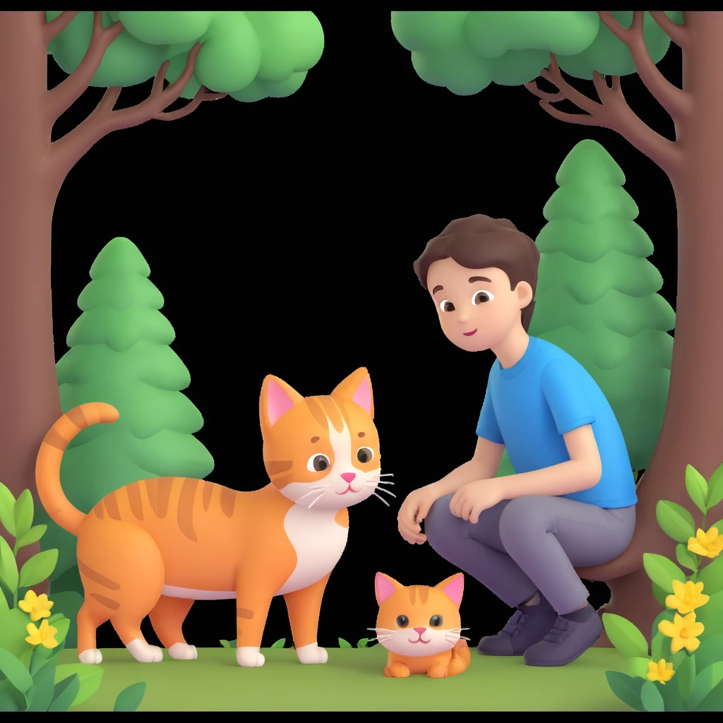 boy and cat pet in forrest background, close up pose emoji