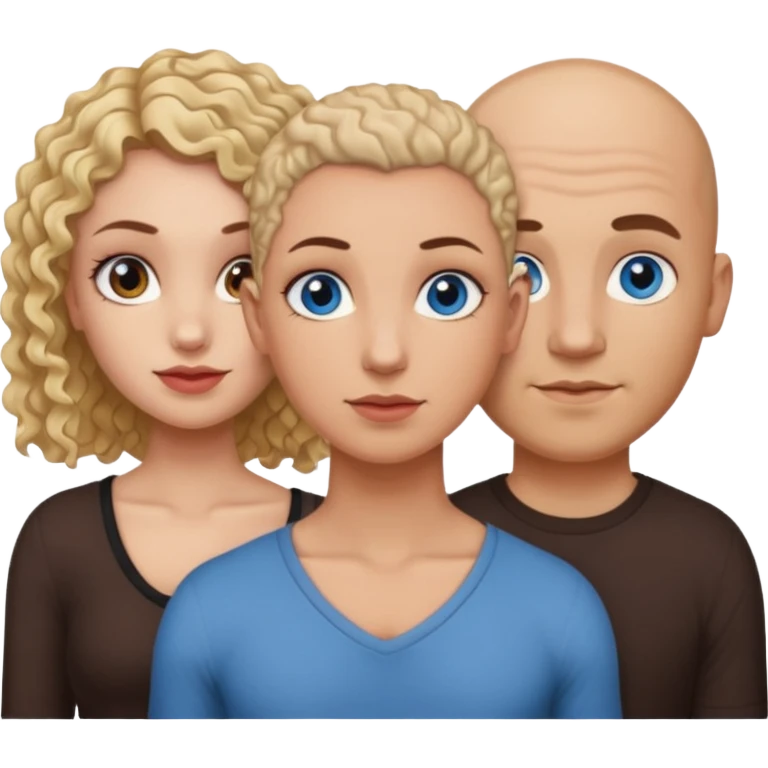 tattooed covered bbald brown eyed male with blonde haired blue eyed big boob female with brunette curly haired brown eyed big boob female throuple  emoji