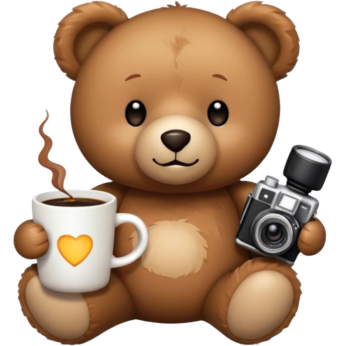 
Teddy bear sitting with coffee and camera flash emoji