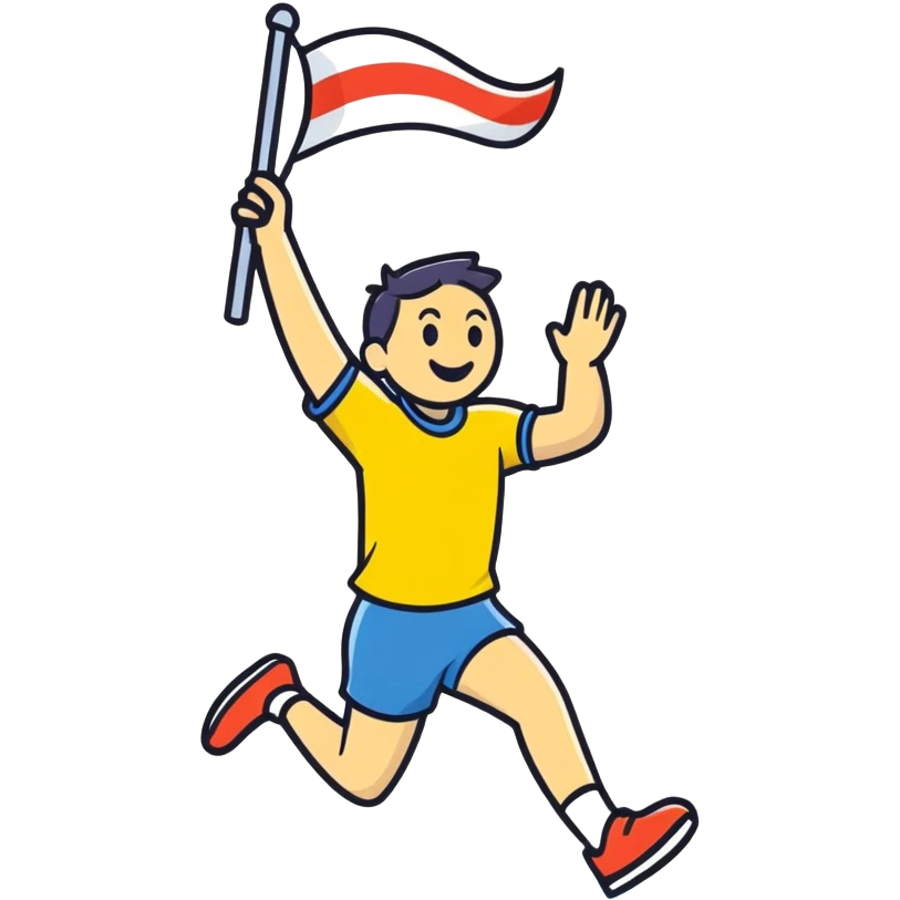 happy runner waving a flag that says 'emojiland’ emoji