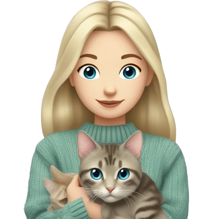 Blond chin lenght hair girl with middle part and blue eyes in a sage sweater holding a grey tabby cat with white paws and face emoji