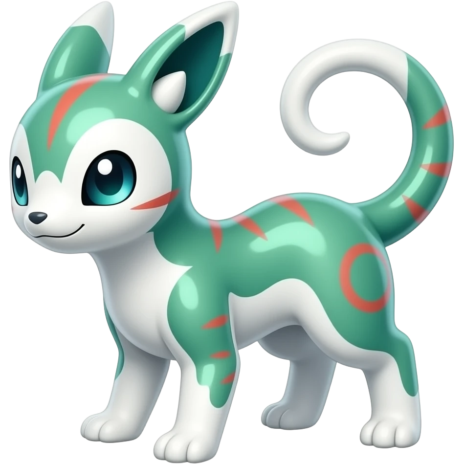 Shiny iridescent glossy oily smooth silky soft White with green-teal-turquoise-gradient with red streak markings and white belly and white points beautiful handsome gorgeous aesthetic colorful vibrant Vernid-Trico-species-Fakemon-creature by LiLaiRa, 4 legs, 1 tail, random markings, (full body) emoji