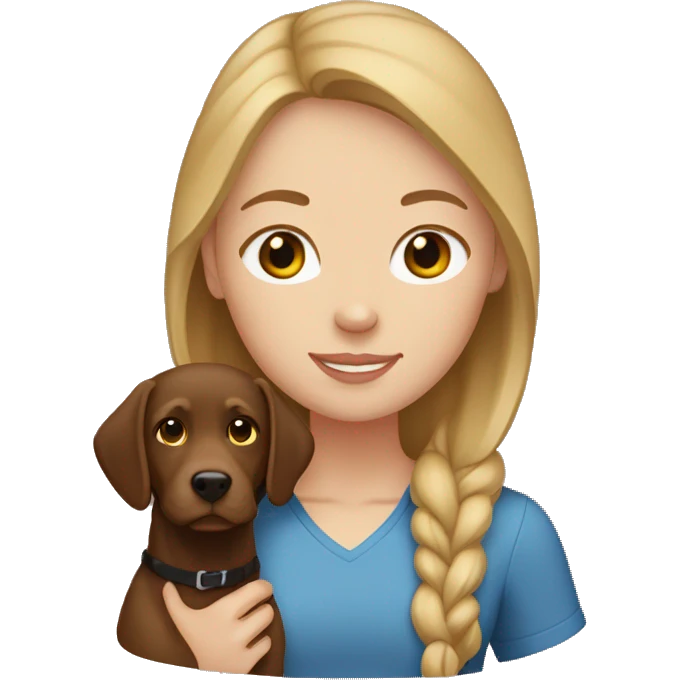 White girl with brown-blonde hair holding a brown Labrador  emoji