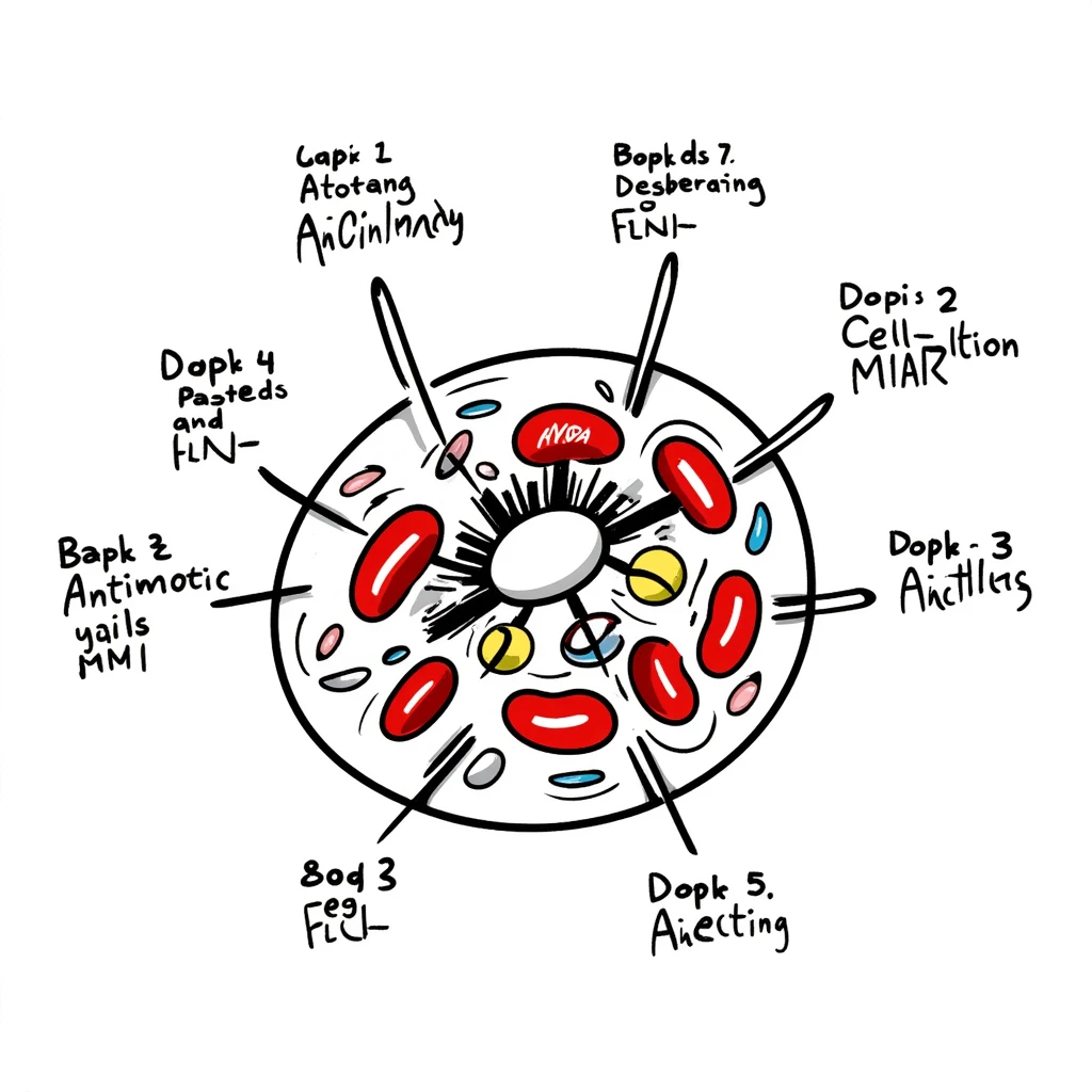 Anatomical diagram of antimicrobial mechanism: red bacteria with labeled parts (cell wall, membrane, DNA) surrounded by yellow antibiotic molecules and blue antimicrobial peptides breaking through cell structures. Hand-drawn scientific illustration with detailed cross-section view. emoji