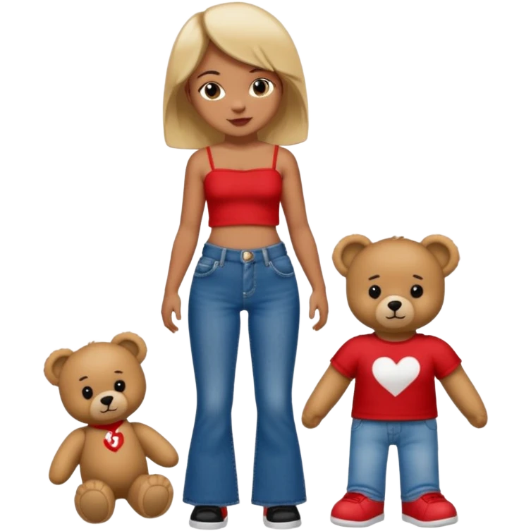 A boy and a girl teddy bear for the boy bear put on true religion shirt and jeans with black shoes and for the girl put flare jeans and a red tube top and white shoes just bears not the humans  emoji