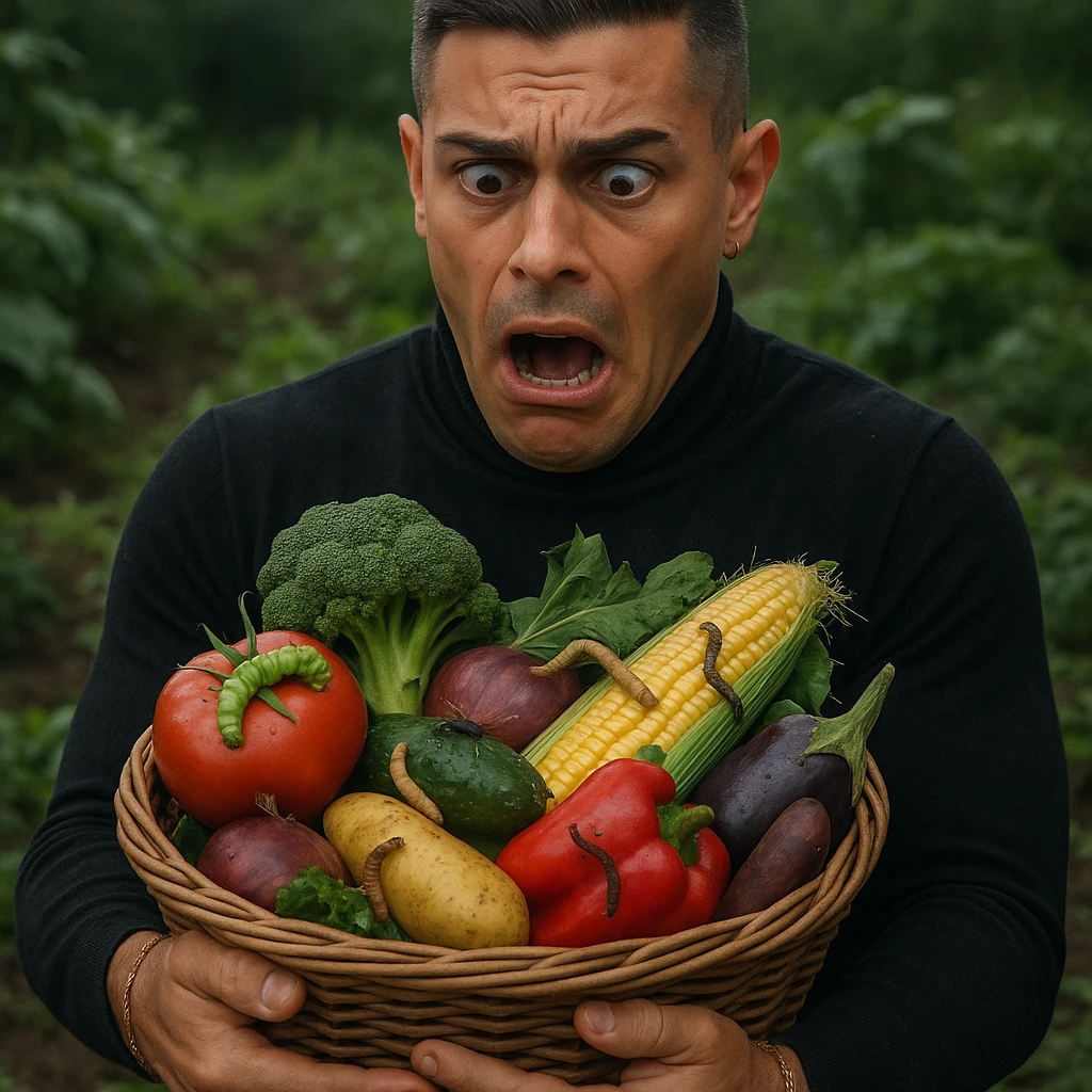 Create a realistic or semi-realistic style image of a 30-year-old man inspired by the reference image, holding a basket of vegetables and fruits. The man has a shocked expression. The produce has clear worms and insects crawling on it. The background is a garden. Focus on textures and a health risk atmosphere. emoji
