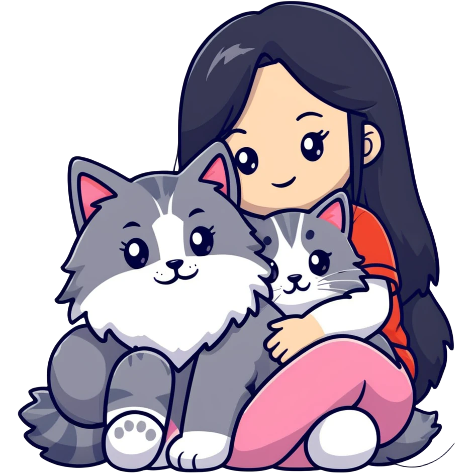 Girl with long black hair hugging a gray fluffy plush toy and a tricolor Maine Coon cat emoji