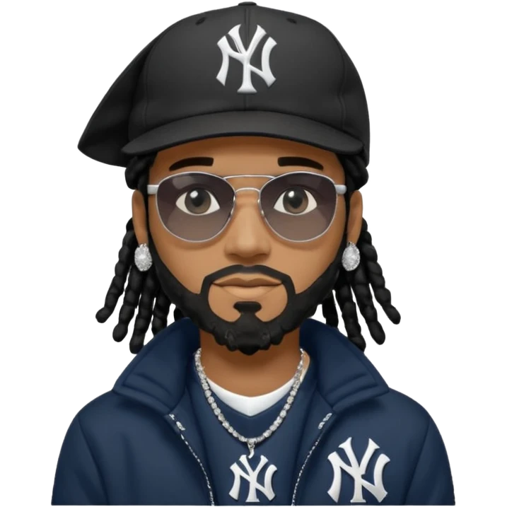 African American man with shoulder length black dreadlocks with black beard wearing black sunglasses wearing a New York Yankees logo baseball cap wearing a black bubble winter coat wearing diamond earrings for men with diamond cross necklace on his neck emoji