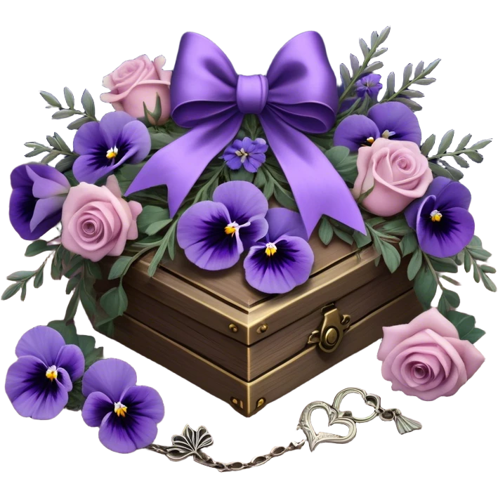 A midnight purple silk bow wraps around a bundle of wilted lavender sprigs, velvety pansies, and blush-violet roses, resting on an aged wooden table. Nearby, an antique silver locket shaped like a heart, engraved with tiny celestial stars, glistens faintly under the dim candlelight. emoji