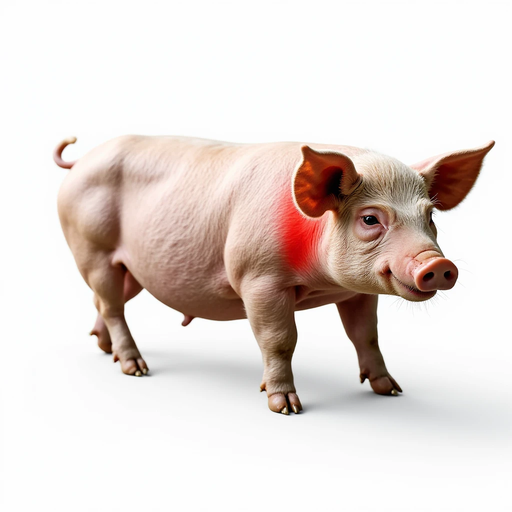 realistic pig isolated on white background, thyroid area highlighted in red visible on neck, clear anatomical details, hyperrealism, 4K quality emoji