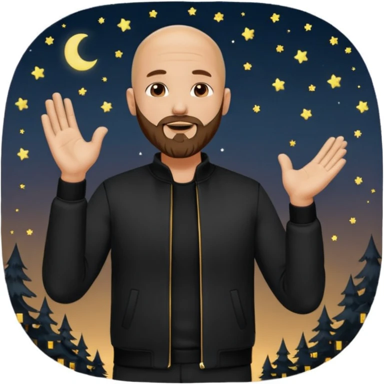 man with a bald head and beard, wearing an all-black outfit, standing and clapping his hands, outdoors at night emoji