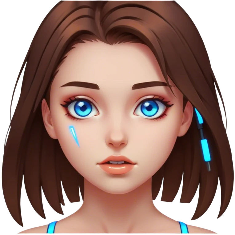 Neon cyberpunk style 
girl with brown hair and blue eyes 
falls emoji