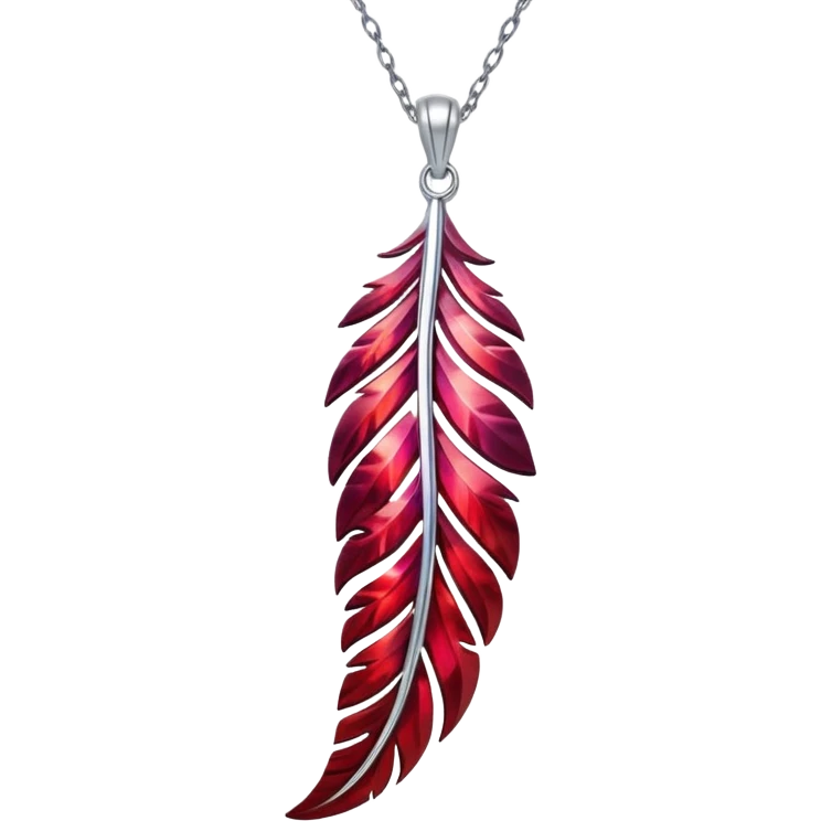 phoenix feather-inspired ruby pendant with cosmic aura, deep red glow, silver chain flowing like water, feather-like textures emoji