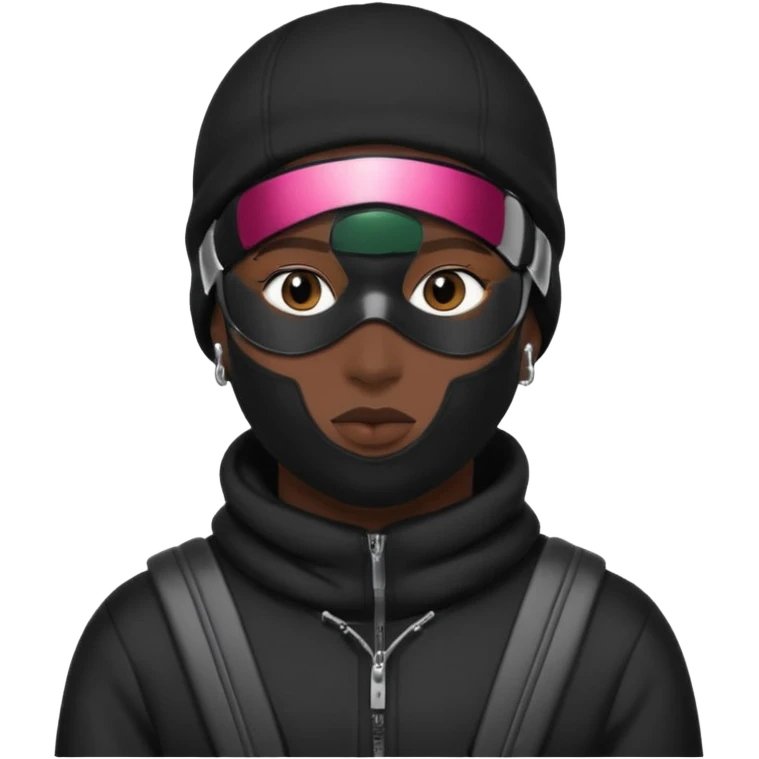 Somebody with black clothes on and a ski mask in the black with earrings emoji