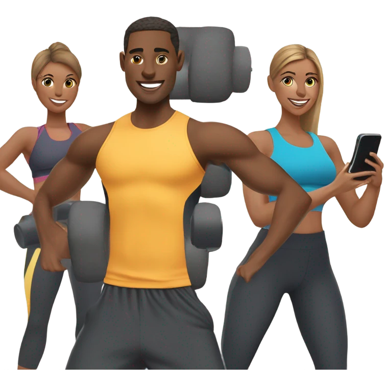 friends work out with smartphone showing charts emoji